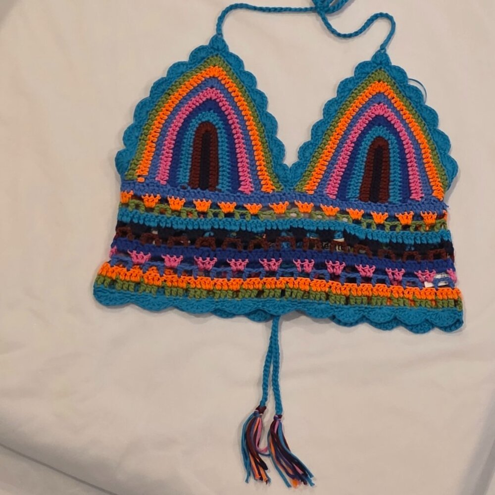 Bestto Boho Festival Crop Top Halter Bralette Size M L Rainbow Tassels - Picture 8 of 16